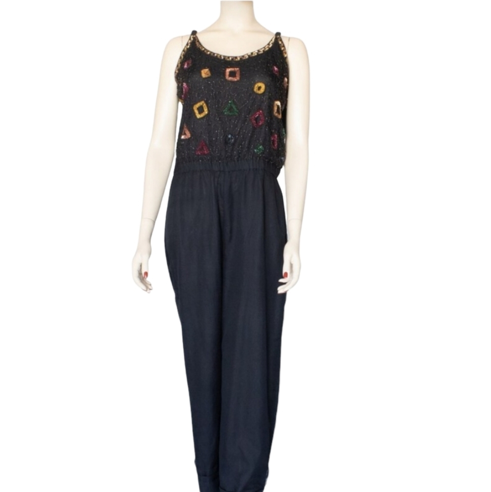 Black Beaded Geometric Tank Jumpsuit
